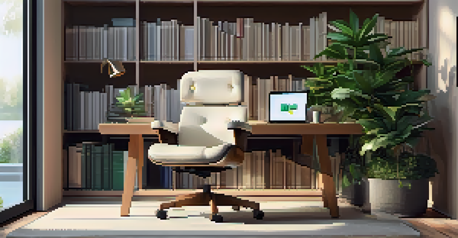 Close-up of an ergonomic chair highlighting lumbar support in a cozy home office with a laptop and plant.