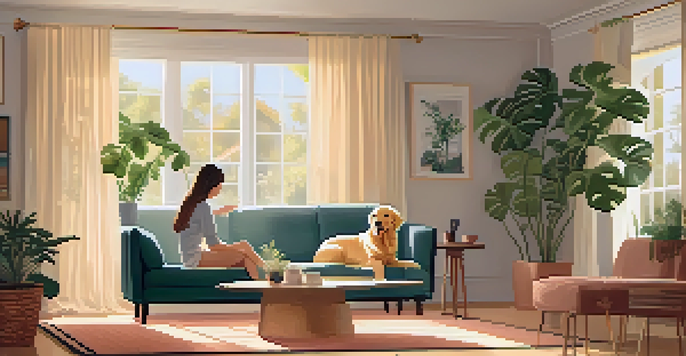 A person on a couch petting a golden retriever in a warmly lit living room with plants and photos.