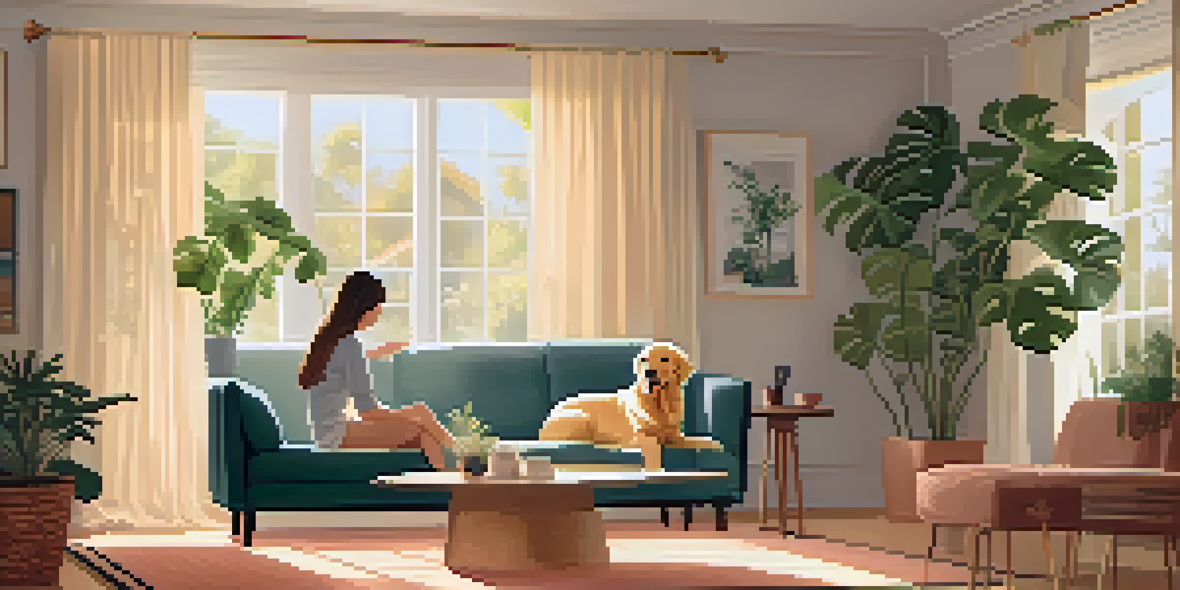 A person on a couch petting a golden retriever in a warmly lit living room with plants and photos.