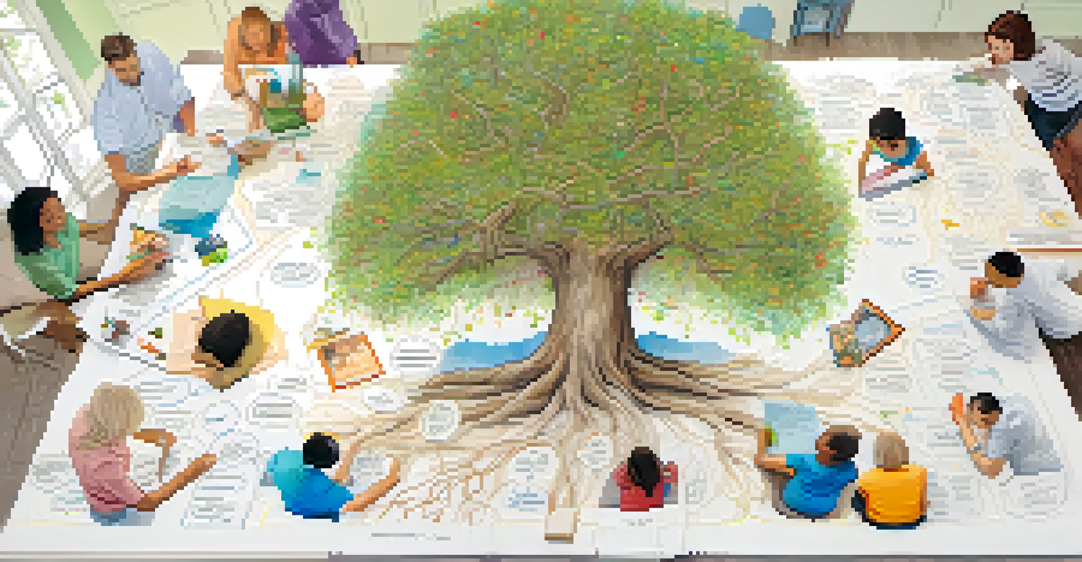 A family tree on paper surrounded by family members discussing health history at a kitchen table.