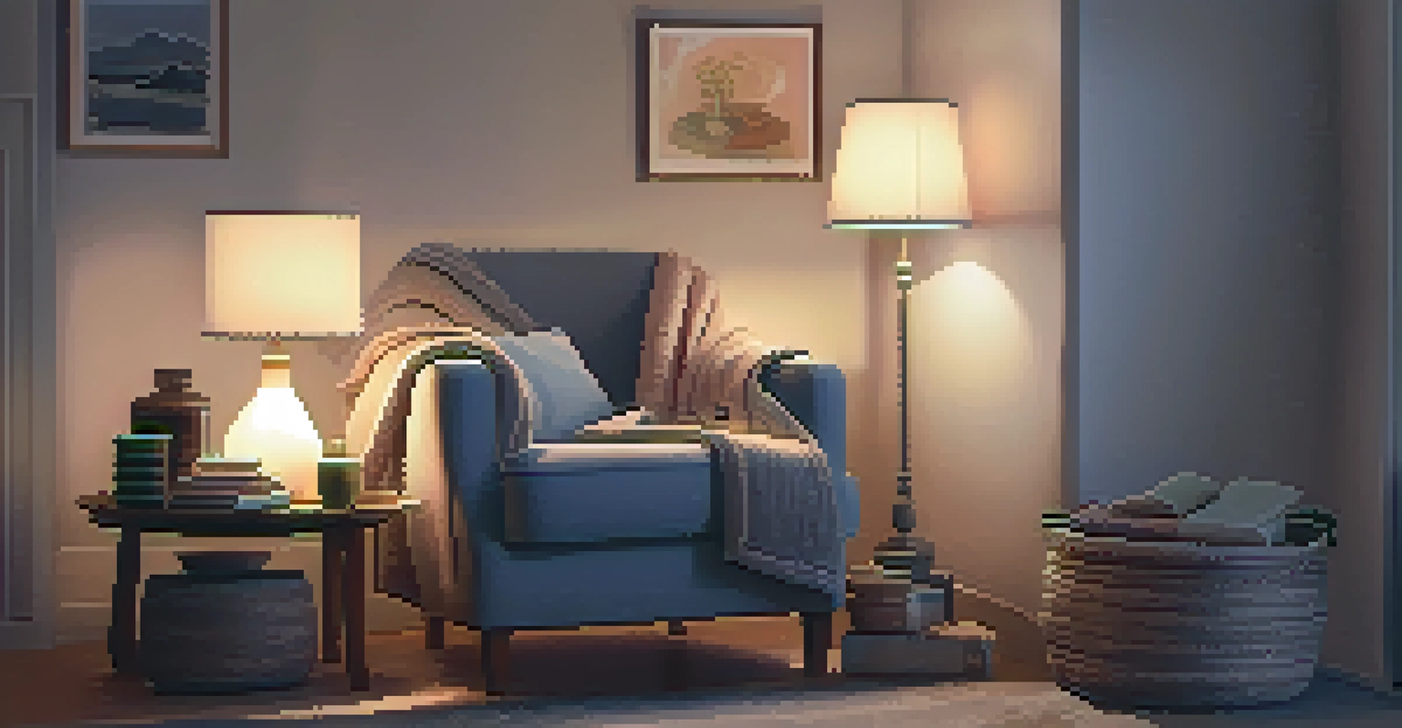 A cozy living room setting with a person getting ready for bed, featuring a flickering candle and essential oils on display.