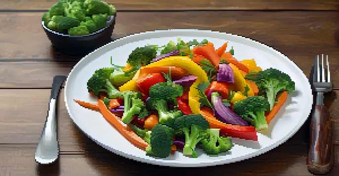 A colorful vegetable stir-fry served on a white plate, showcasing bright bell peppers, broccoli, and carrots, garnished with fresh herbs.