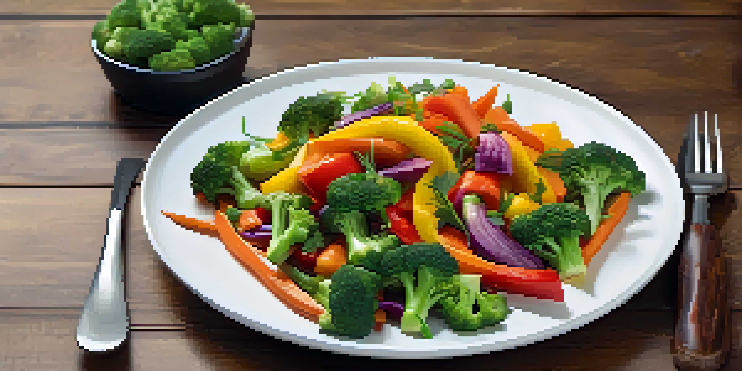 A colorful vegetable stir-fry served on a white plate, showcasing bright bell peppers, broccoli, and carrots, garnished with fresh herbs.