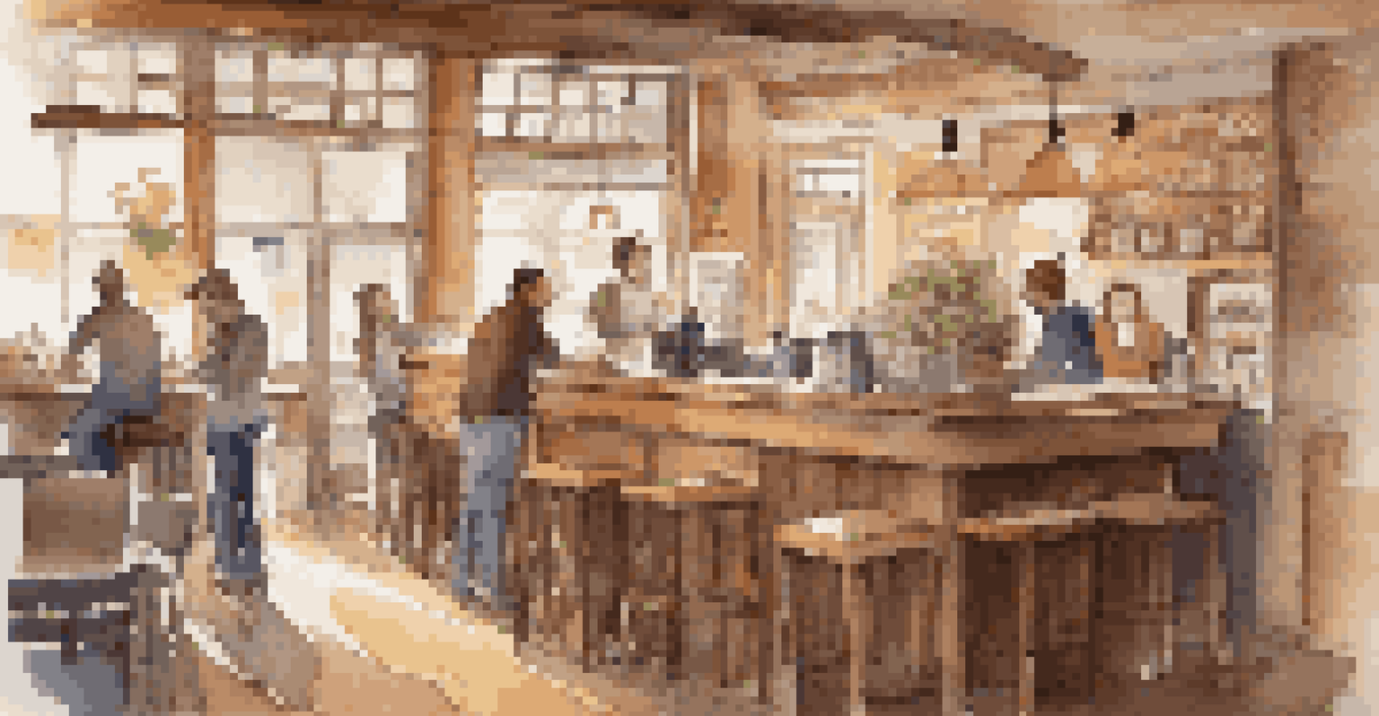 Inside a cozy coffee shop with warm lighting, friends chatting at a table while a barista prepares coffee.