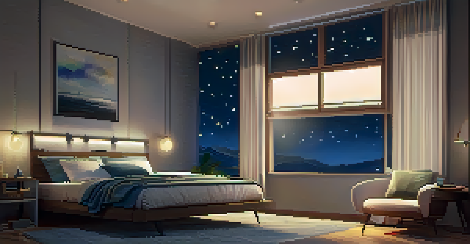 A cozy bedroom with a neatly made bed, a bedside table with a book, and warm ambient lighting creating a relaxing atmosphere.