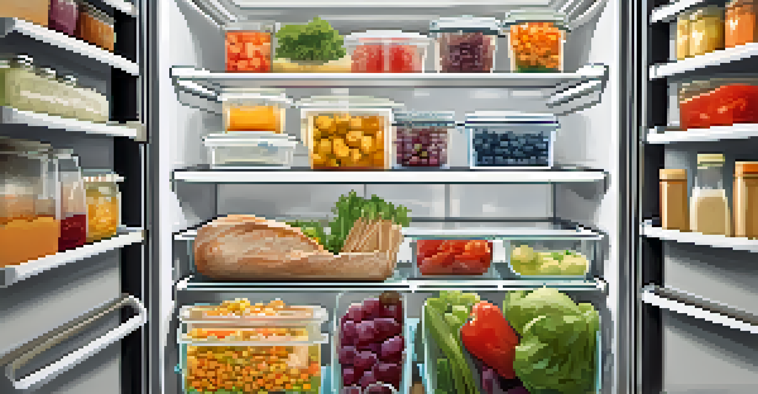 An open refrigerator filled with labeled containers of leftovers and fresh ingredients, highlighting organized meal planning and food waste reduction.