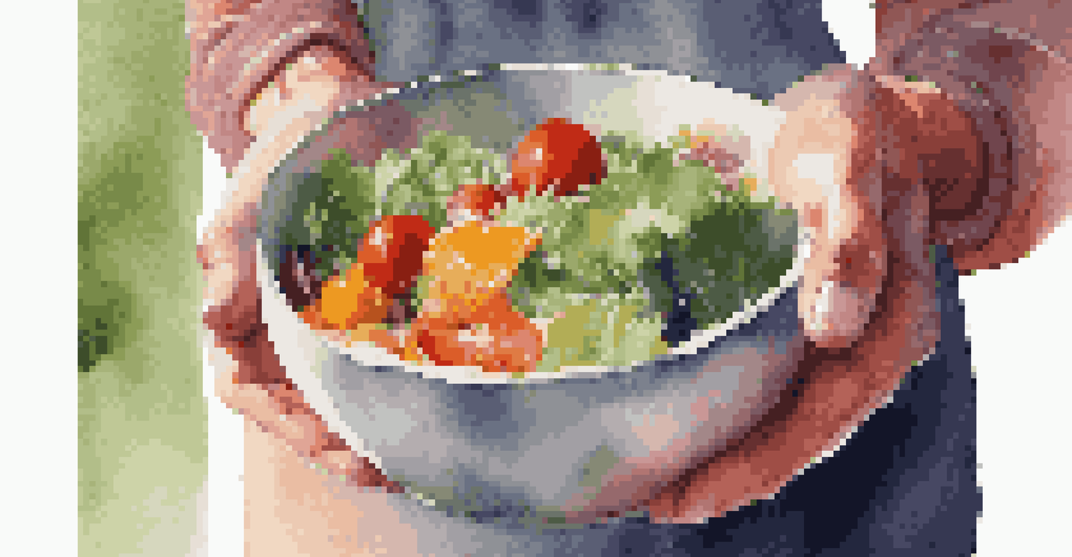 Close-up of hands holding a bowl of colorful salad, emphasizing the fresh ingredients and textures, promoting mindful eating.