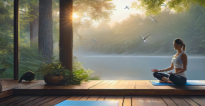 A person practicing yoga in a serene forest setting at sunrise, with golden light filtering through the trees and a misty atmosphere.