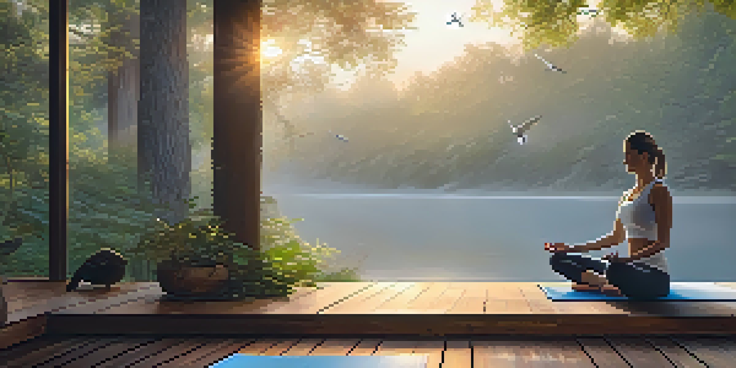 A person practicing yoga in a serene forest setting at sunrise, with golden light filtering through the trees and a misty atmosphere.