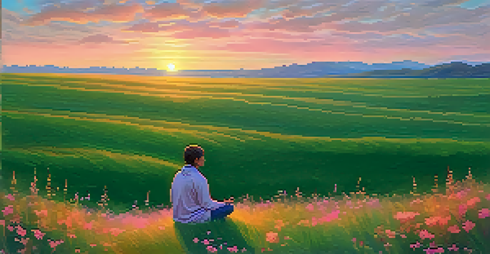 A person meditating on grass during sunset, surrounded by wildflowers, embodying peace and self-compassion.
