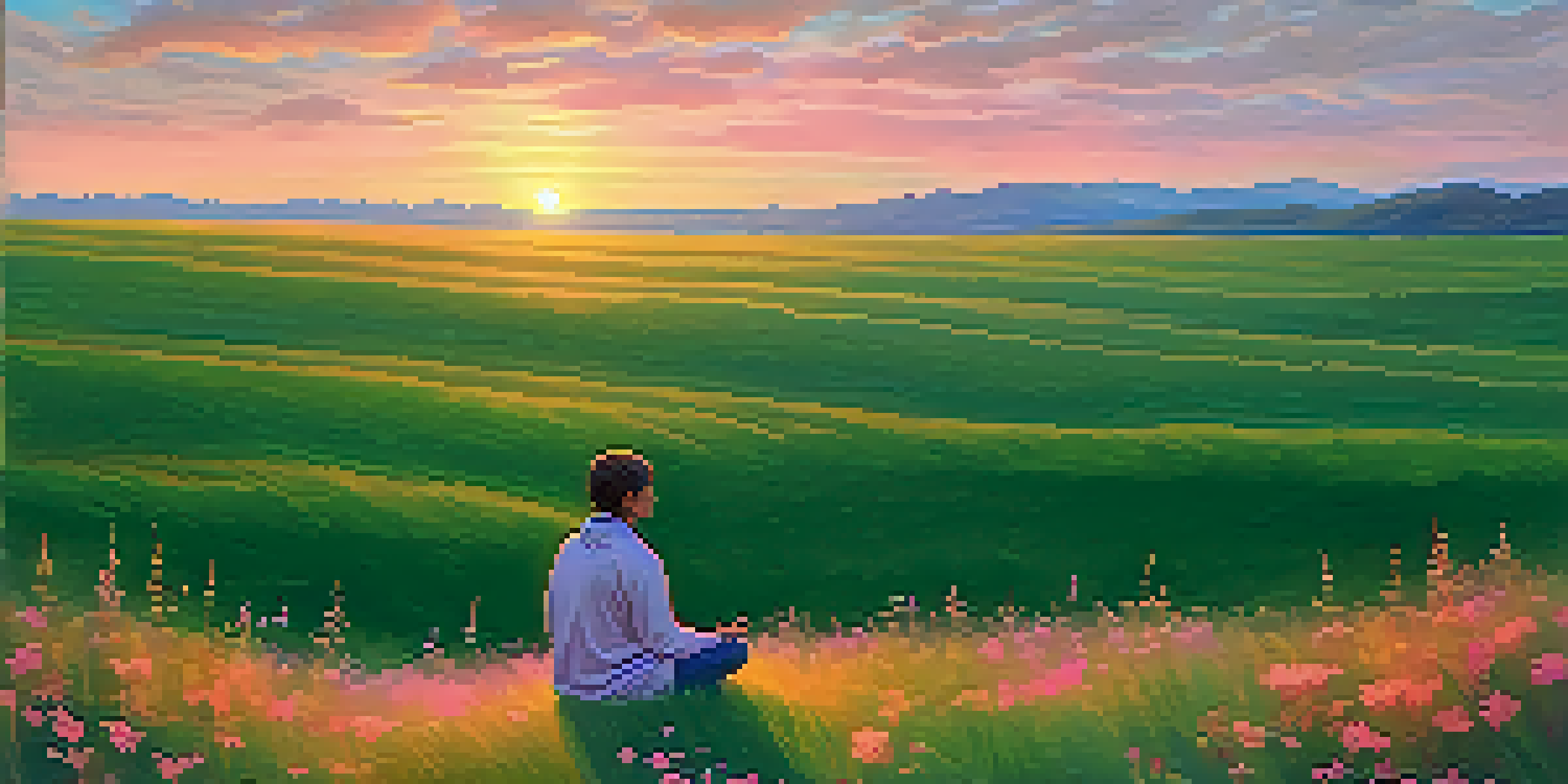 A person meditating on grass during sunset, surrounded by wildflowers, embodying peace and self-compassion.