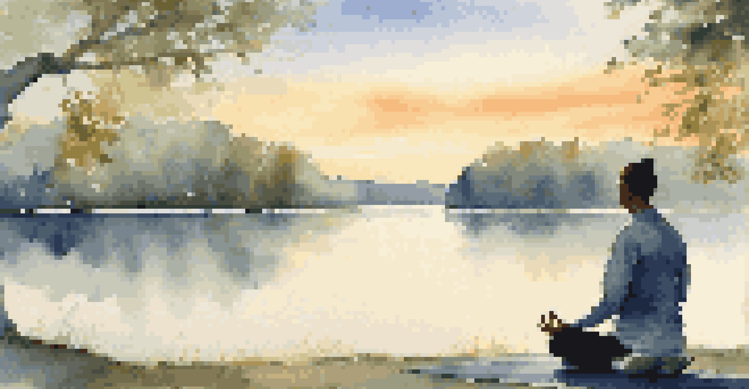 A person meditating outdoors at sunrise by a lake, surrounded by trees and golden light.
