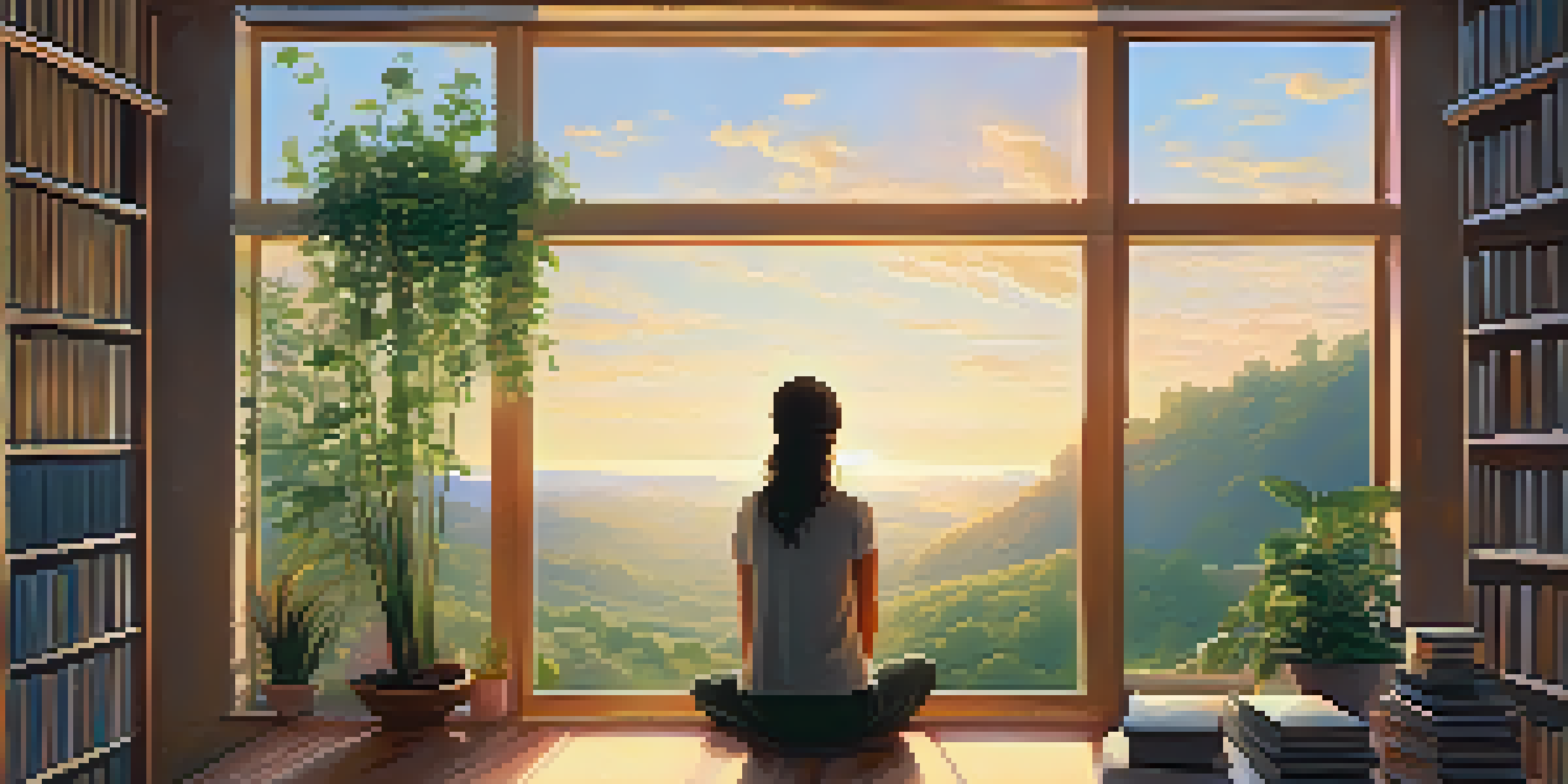 A person looking out a window at a colorful sunrise, surrounded by plants and books in a cozy room.