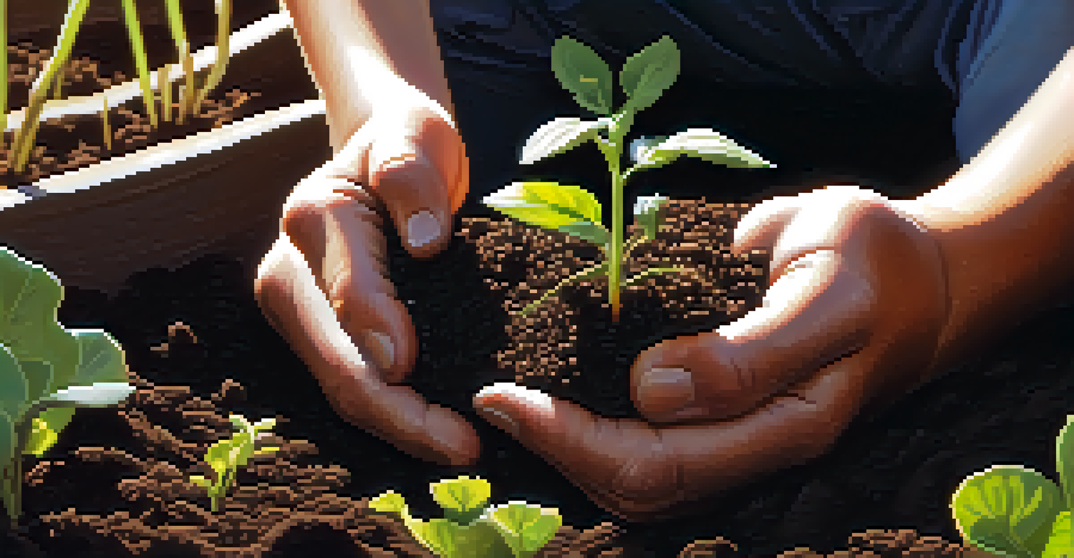 Close-up of hands planting seedlings into dark soil, with sunlight illuminating the scene.