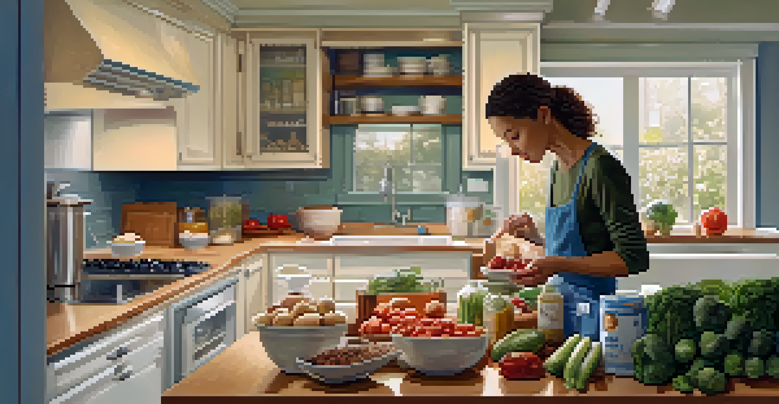 A person reading food labels in a kitchen, with fresh vegetables and a nut-free packaged food item on the counter.