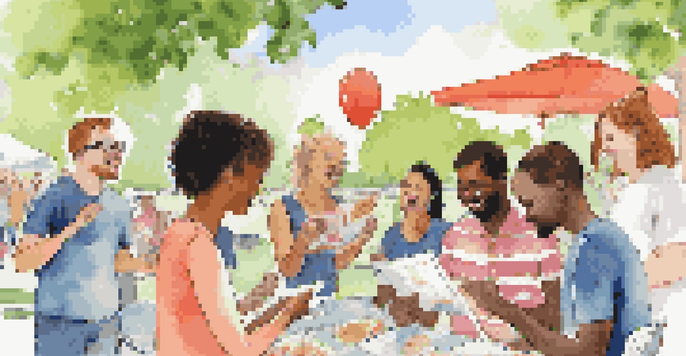 A diverse group of people at a food allergy awareness event in a park, holding pamphlets and engaging in conversation.