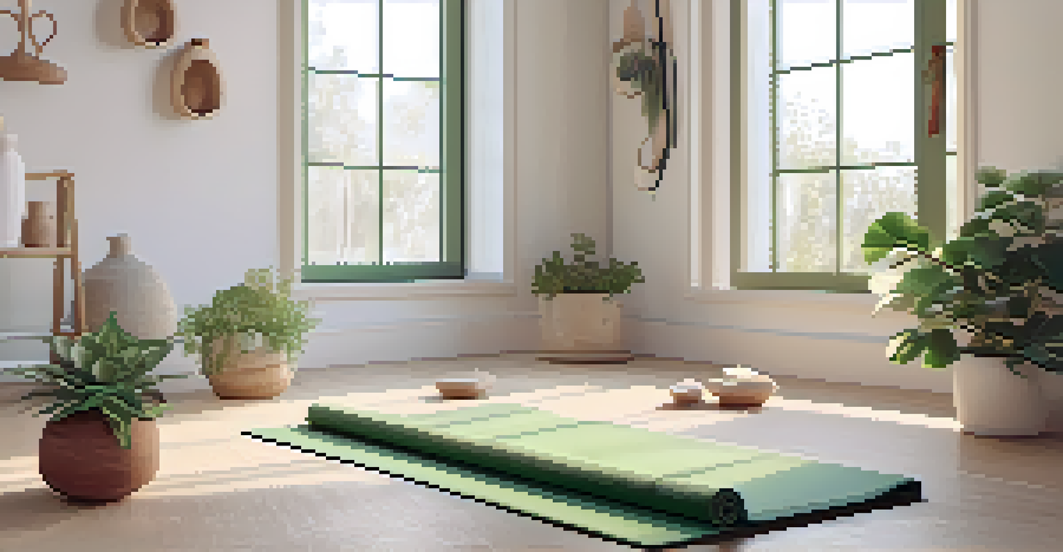 A minimalist yoga setup with a plush mat, blocks, and a plant in a bright room with natural light.