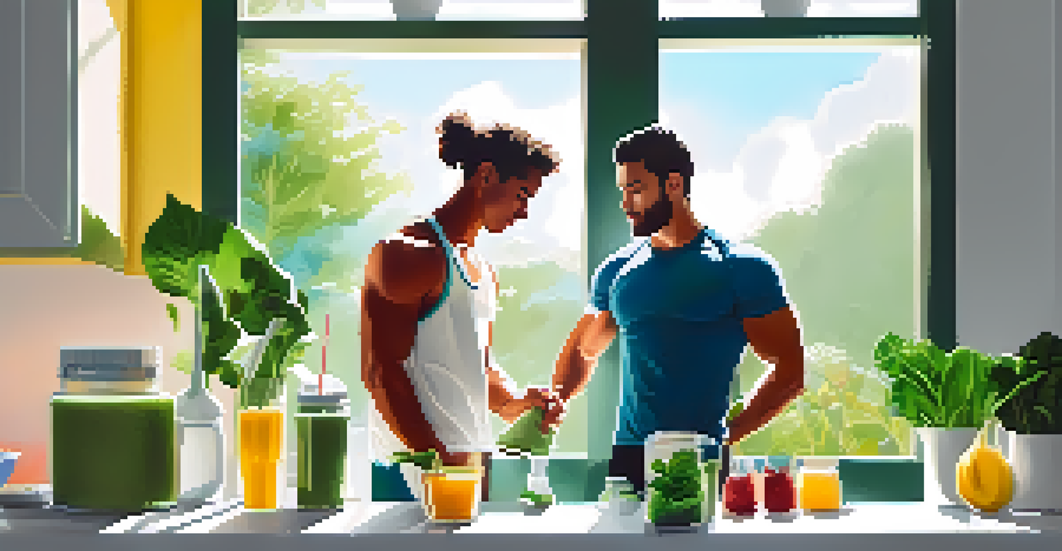 An athlete in a bright kitchen making a post-workout smoothie with fresh ingredients like spinach and banana, conveying a healthy lifestyle.