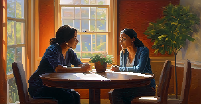 A crisis interventionist attentively listening to a trafficking survivor in a warm, softly lit room, with a garden visible through the window.