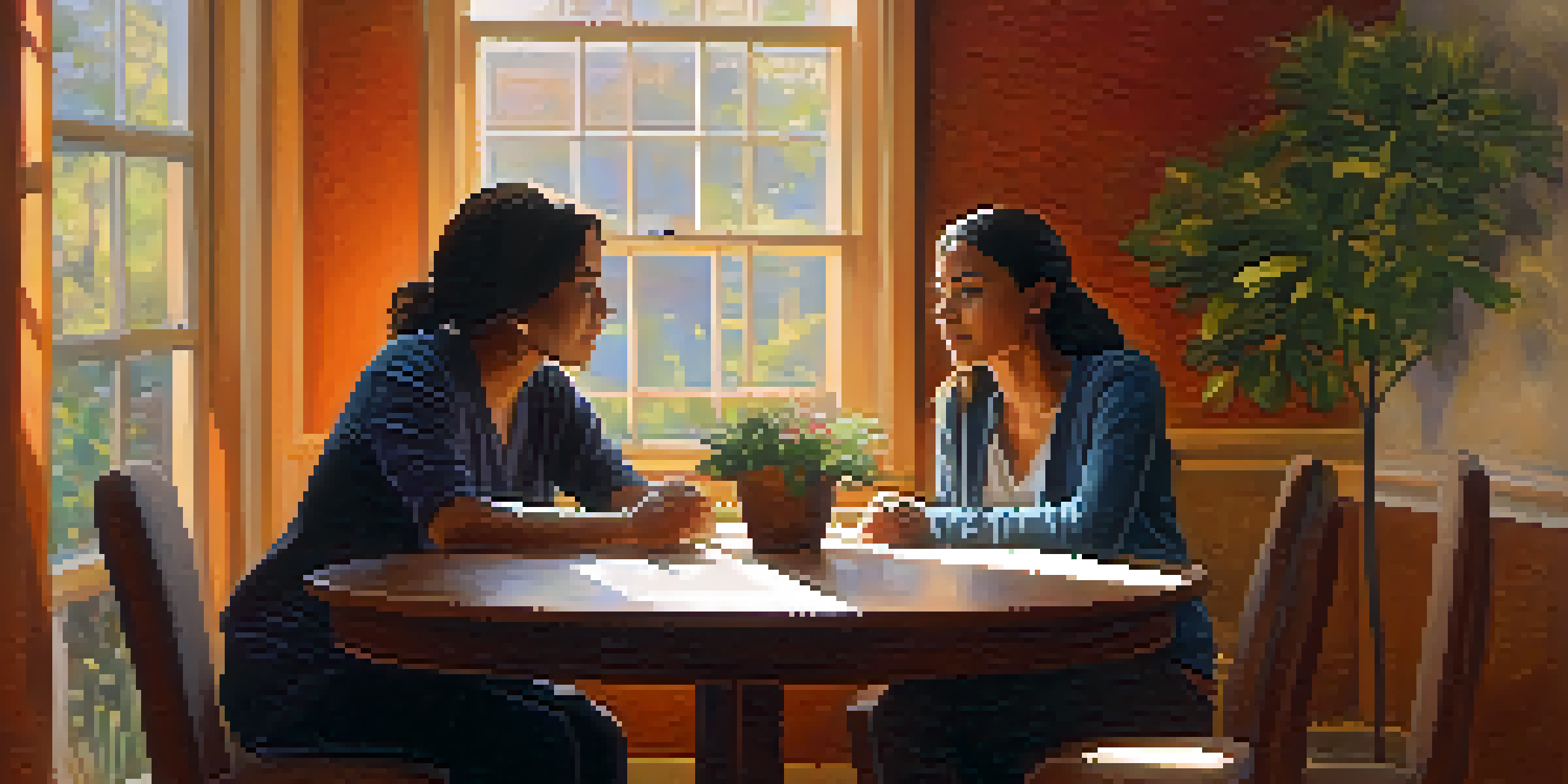 A crisis interventionist attentively listening to a trafficking survivor in a warm, softly lit room, with a garden visible through the window.