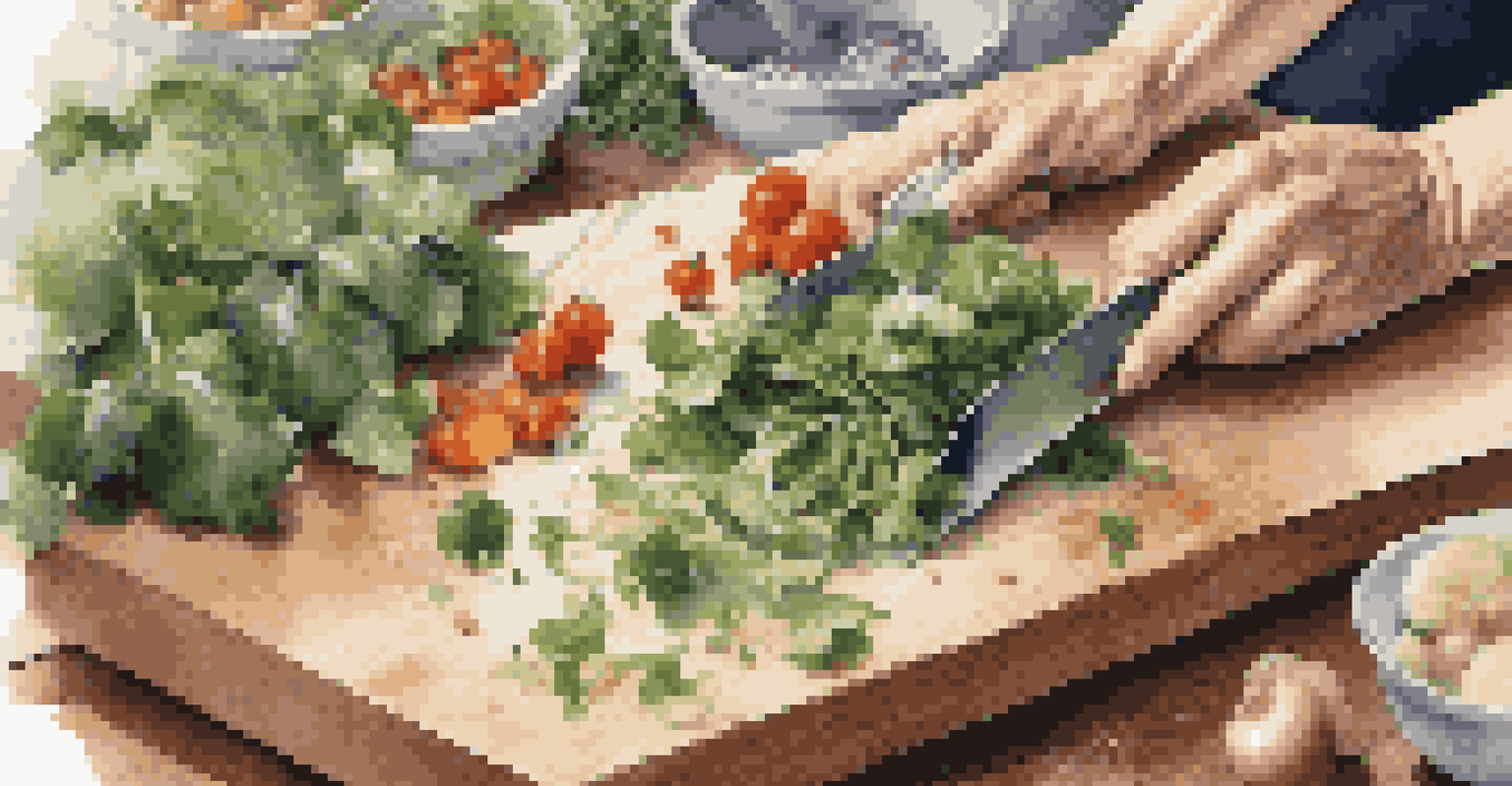 Close-up of hands chopping fresh herbs and vegetables on a cutting board in a bright kitchen, with a bowl of greens nearby.