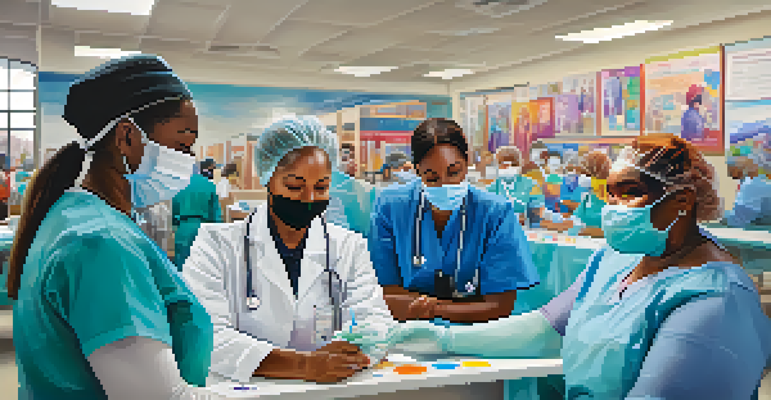A scene of diverse healthcare workers giving COVID-19 vaccines in a bright community center.