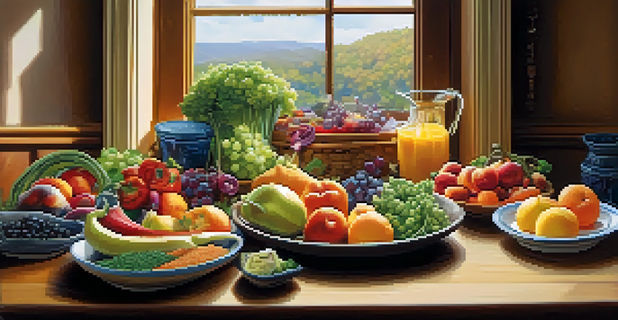 A colorful meal with fruits, vegetables, whole grains, and lean proteins displayed on a wooden table, illuminated by natural light.