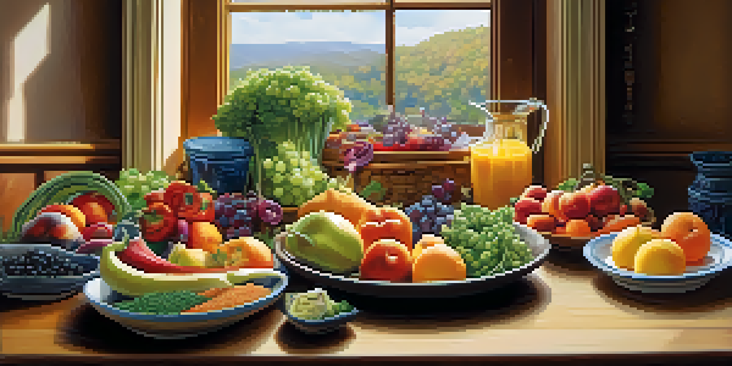 A colorful meal with fruits, vegetables, whole grains, and lean proteins displayed on a wooden table, illuminated by natural light.