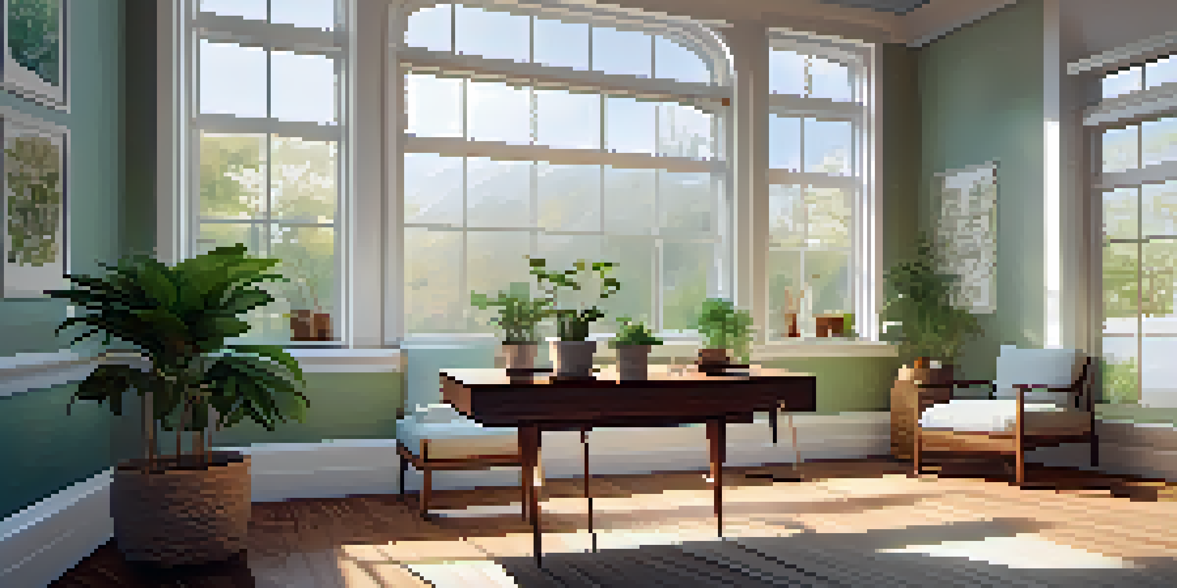 A tranquil therapy room with natural light, featuring a comfortable chair, a table with a cup of tea, and calming artwork on the walls.