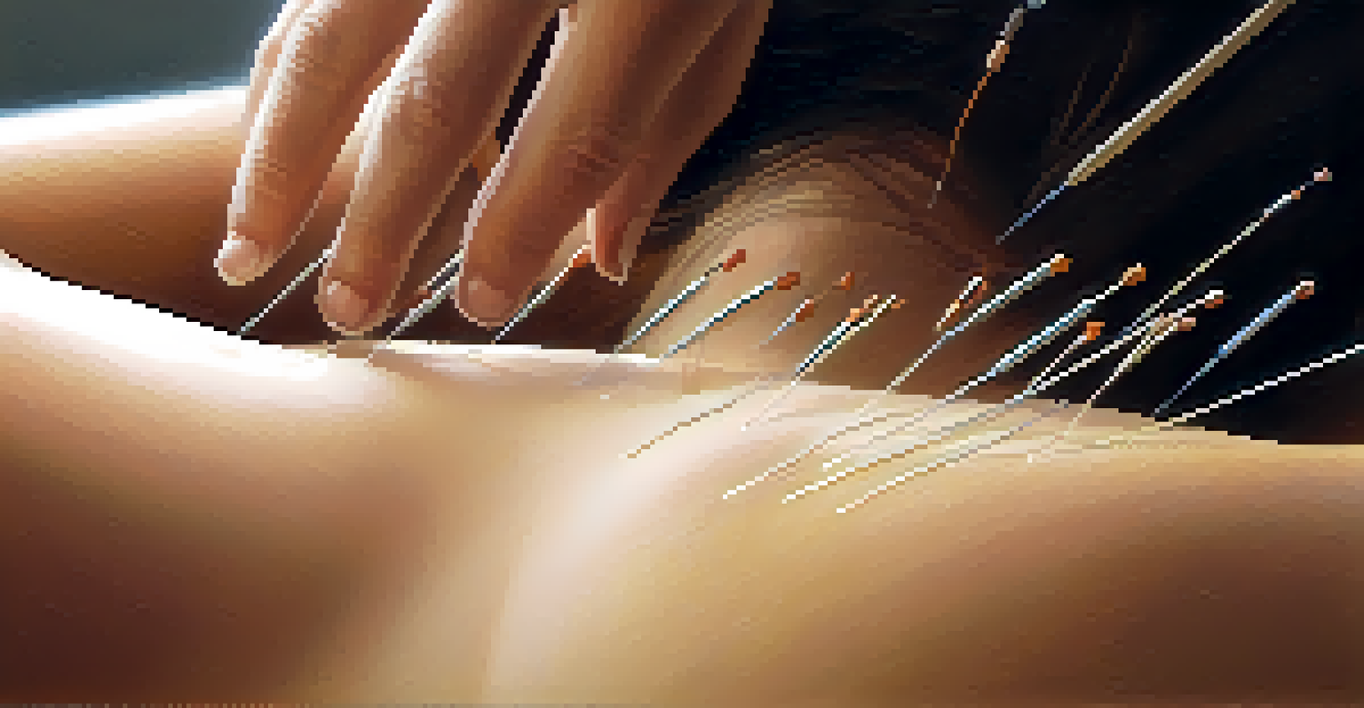 A close-up view of acupuncture needles on a person's back, showcasing the delicate nature of the needles and a serene environment.