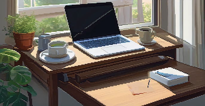 A wooden desk with a laptop, steaming cup of tea, and a potted plant by an open window, illuminated by soft sunlight.