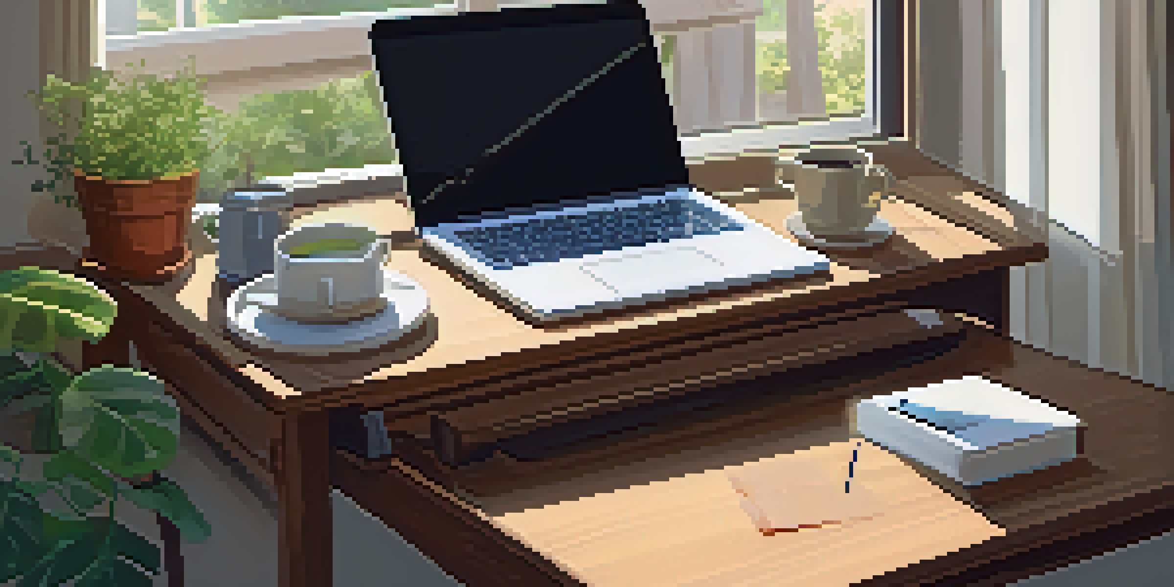 A wooden desk with a laptop, steaming cup of tea, and a potted plant by an open window, illuminated by soft sunlight.