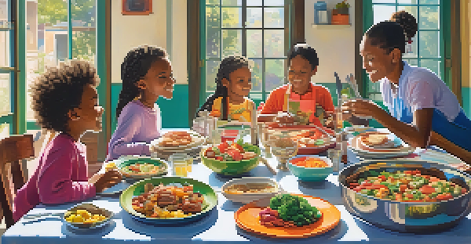 A lively dining table with children sharing colorful, healthy meals from various cultures, under warm natural light.