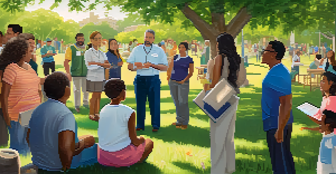 A Community Health Worker explaining health information to a diverse group of individuals in a sunny park with trees and flowers in the background.