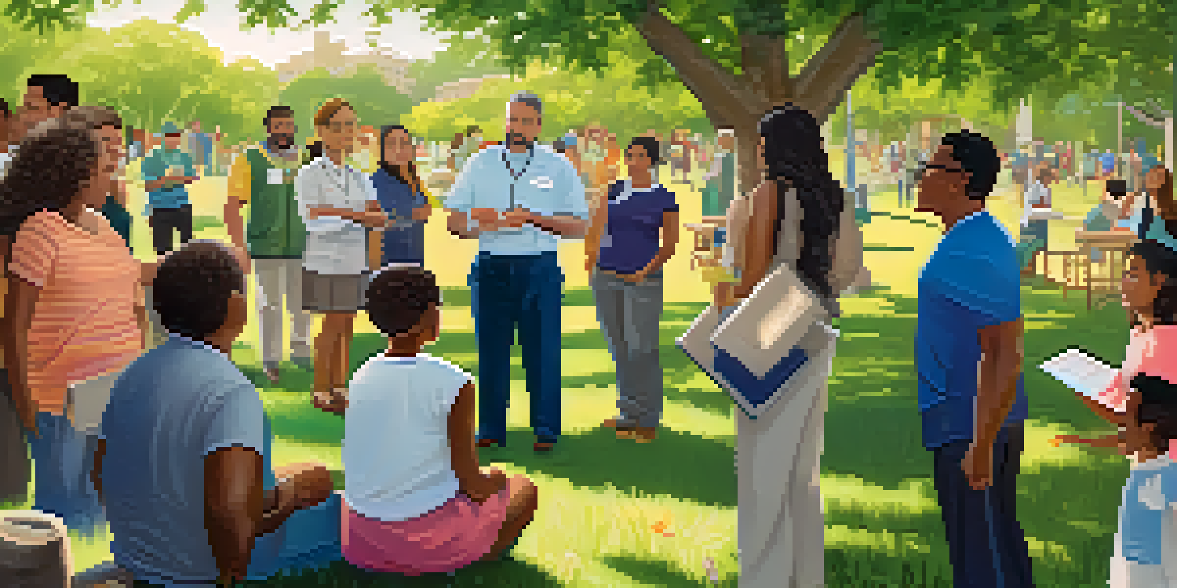 A Community Health Worker explaining health information to a diverse group of individuals in a sunny park with trees and flowers in the background.
