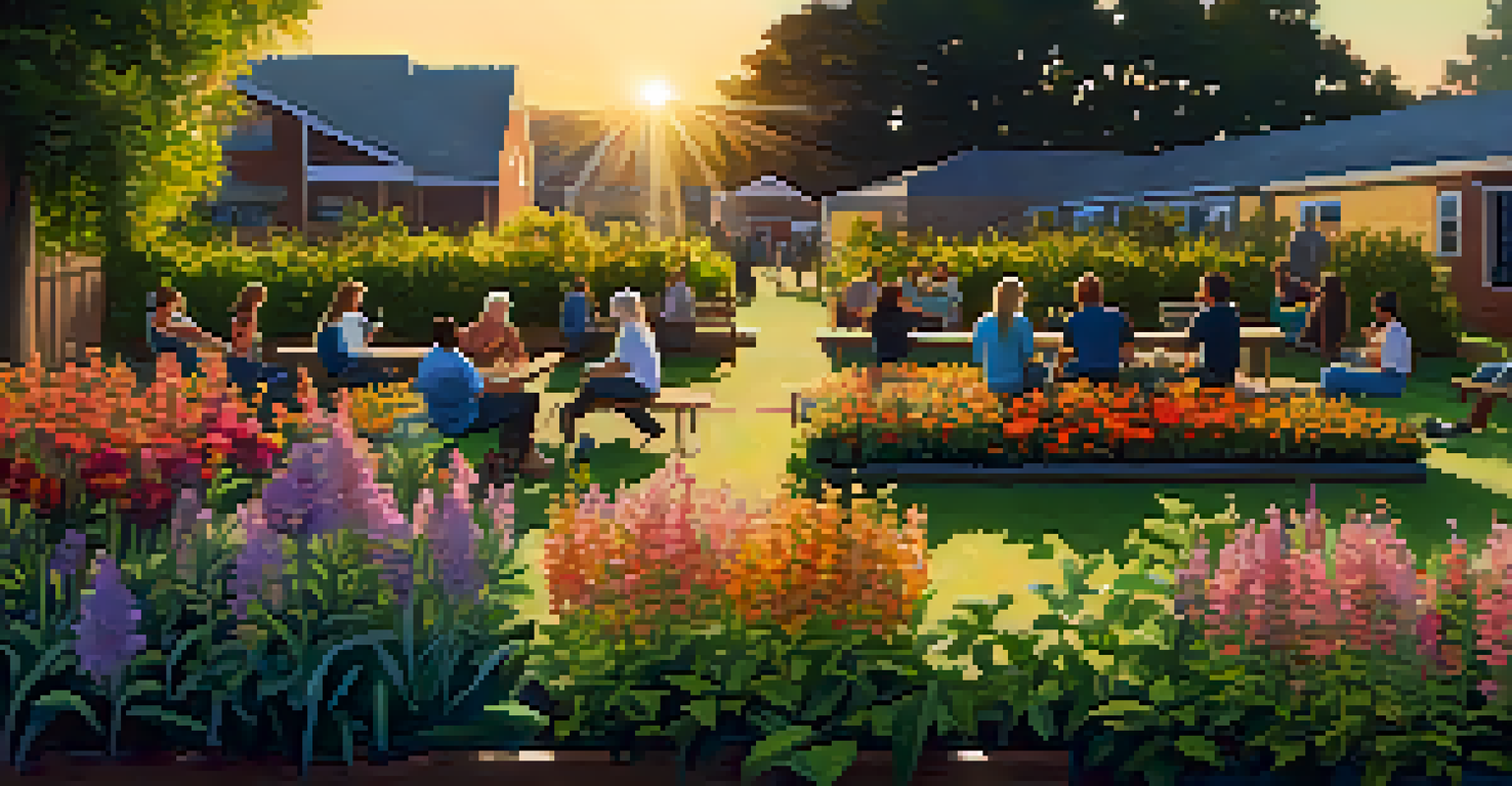 People sitting on benches in a community garden during sunset, sharing stories amidst blooming flowers and plants, creating a warm atmosphere.