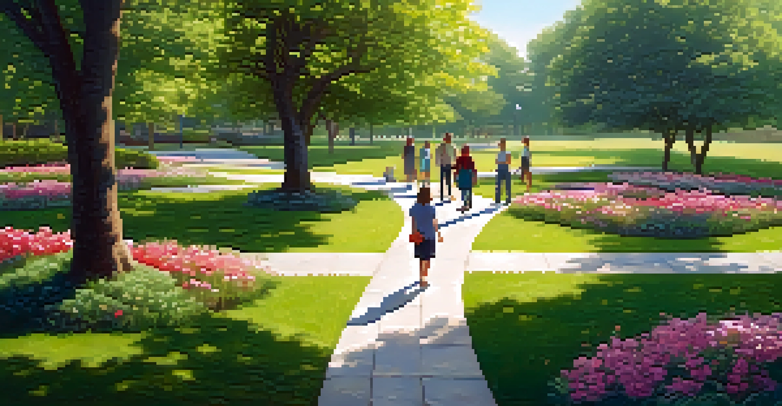 An aerial view of a park with people walking mindfully along a flower-lined path, surrounded by greenery and morning light.