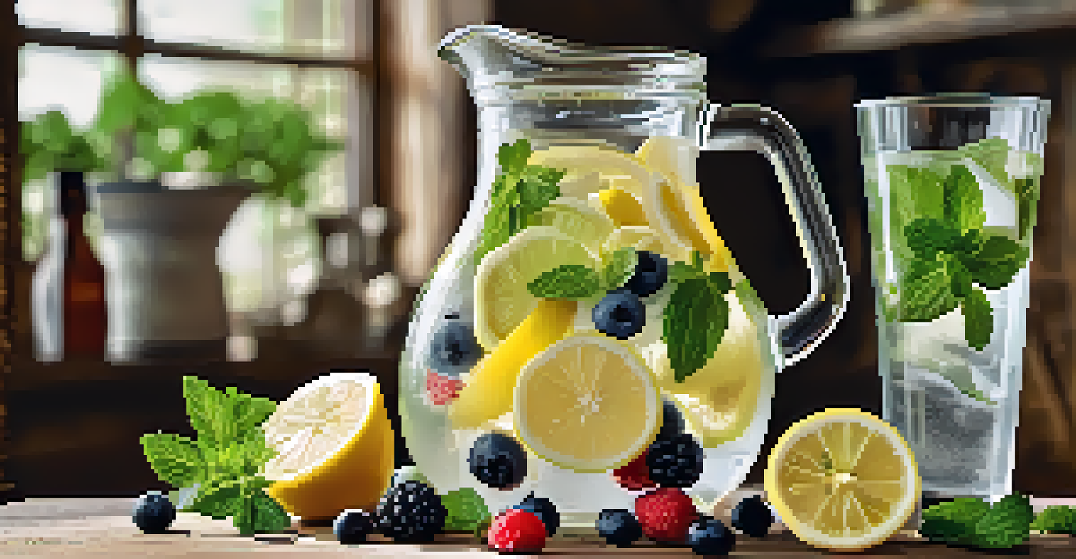 A flat lay of a pitcher of infused water with lemon, berries, and mint, surrounded by fresh ingredients on a wooden table.