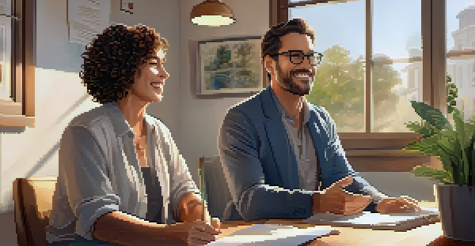 A health coach and a client having a conversation in a cozy office, with warm lighting and plants in the background.