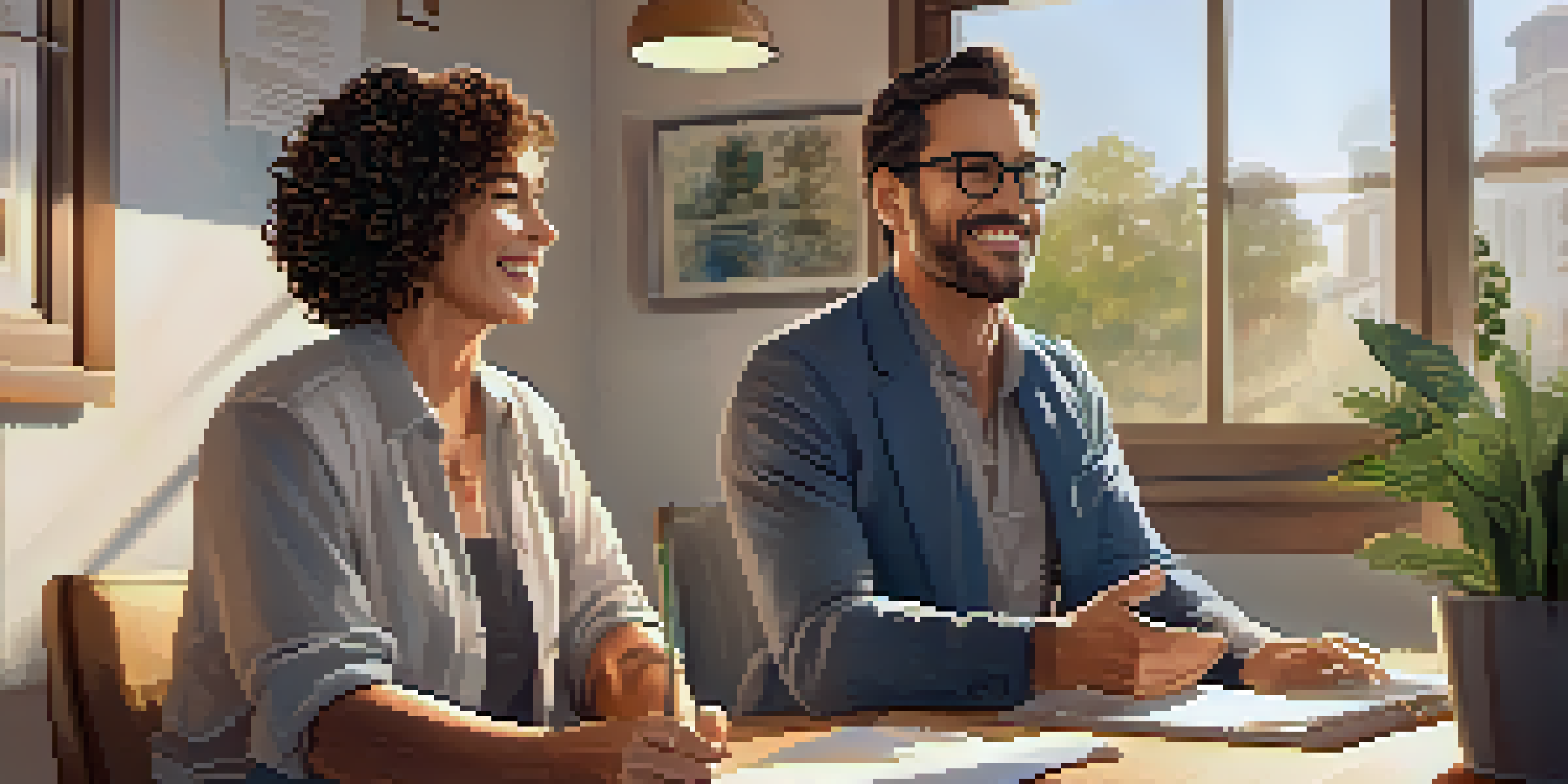 A health coach and a client having a conversation in a cozy office, with warm lighting and plants in the background.