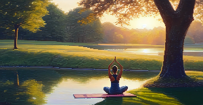 A person practicing yoga on a mat in a peaceful park during sunrise, surrounded by trees and a pond.