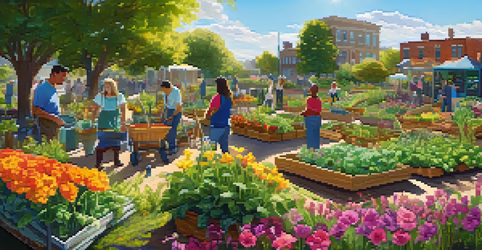 A diverse group of people working together in a colorful community garden filled with flowers and vegetables under a bright blue sky.