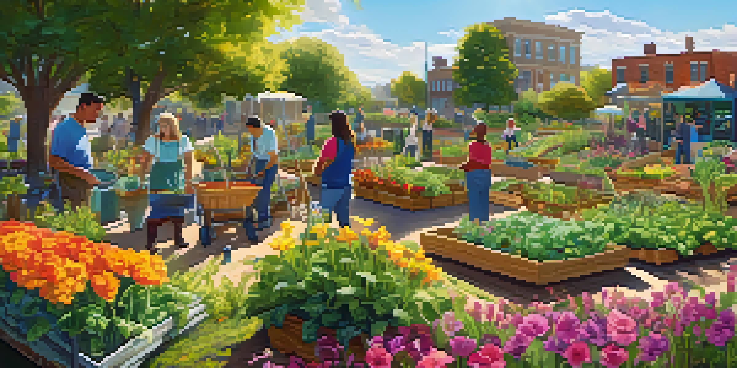 A diverse group of people working together in a colorful community garden filled with flowers and vegetables under a bright blue sky.