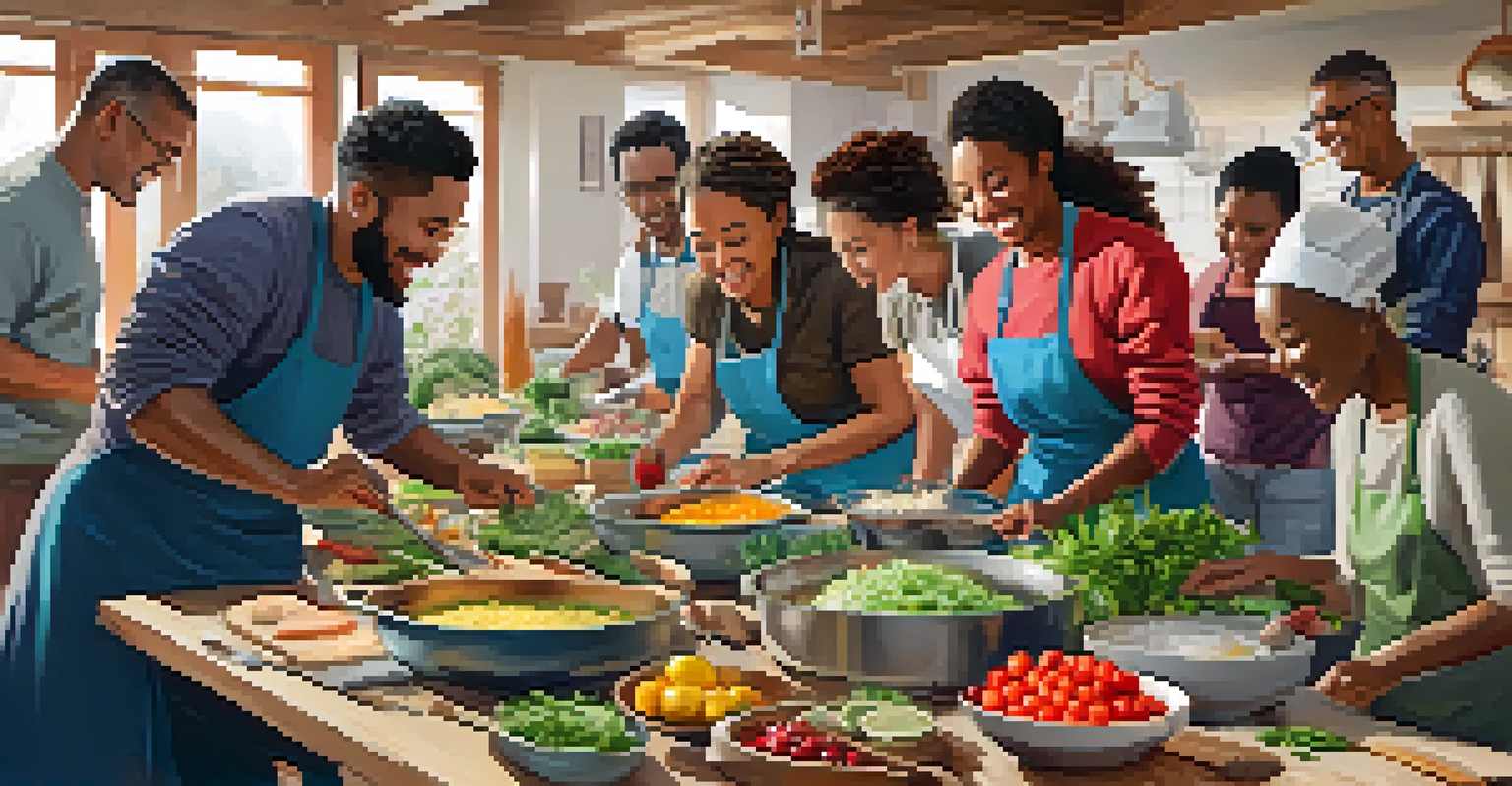 A diverse group of people participating in a community cooking class, preparing meals together.