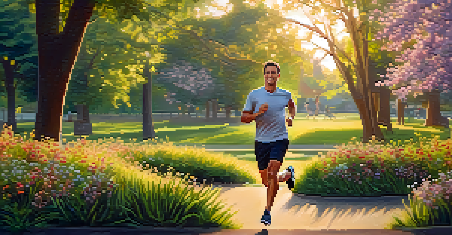 A man jogging in a park during the golden hour, surrounded by greenery and flowers, with sunlight highlighting his energetic expression.