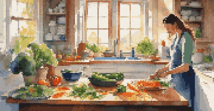 A person chopping fresh vegetables in a sunlit kitchen, preparing a colorful stir-fry.