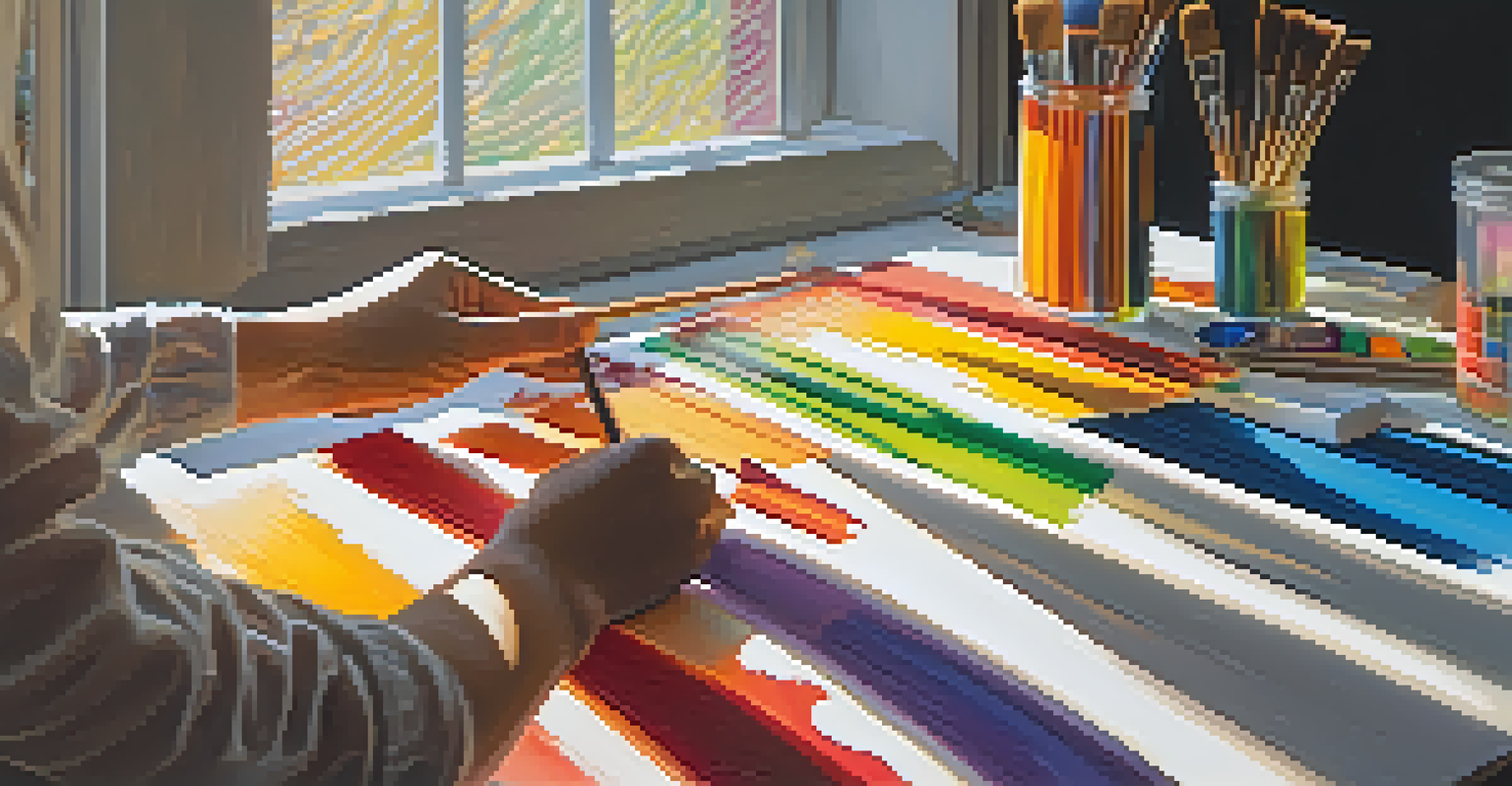 Close-up of hands painting on a canvas in a sunlit art studio with vibrant colors.