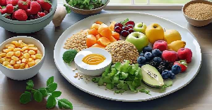 A vibrant meal plate filled with fruits, vegetables, whole grains, and lean proteins, garnished with herbs and accompanied by bowls of nuts and seeds.