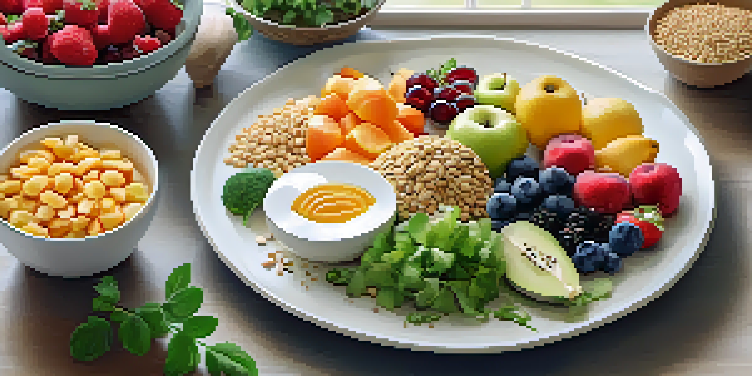 A vibrant meal plate filled with fruits, vegetables, whole grains, and lean proteins, garnished with herbs and accompanied by bowls of nuts and seeds.