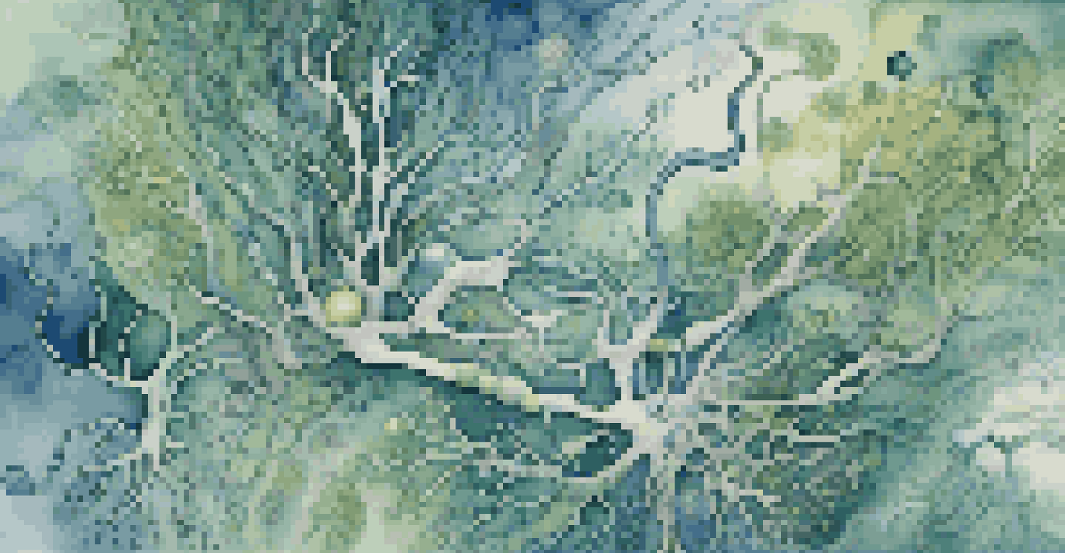 An abstract visualization of the gut-brain connection, combining neural pathways and gut microbiome illustrations in cool colors.